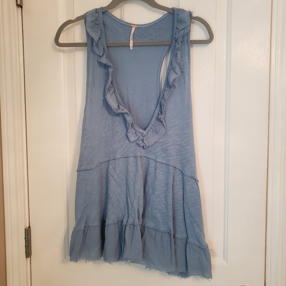 Free People Out and About Ruffled Blue Tank Top Size L